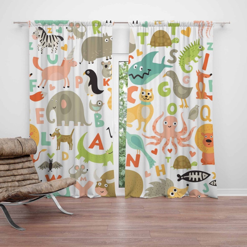 Baby Nursery Blackout Curtains - ผ้าม่านลายตัวอักษร ABC สำหรับห้องเด็ก ลายสัตว์ ผ้าม่านกันแสงสำหรับห้องเด็ก ตกแต่งห้องเด็กอ่อน