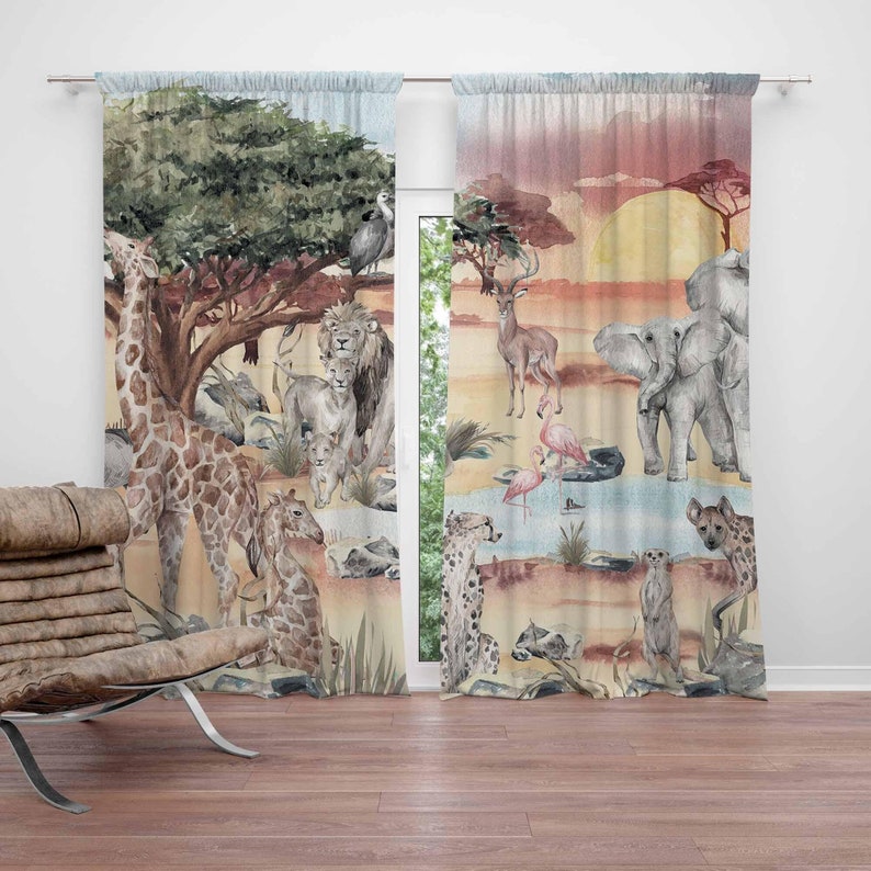 Baby Nursery Blackout Curtains - ผ้าม่านลายสัตว์ซาฟารีสำหรับห้องนอนเด็ก ผ้าม่านกันแสงสำหรับห้องเด็ก ตกแต่งห้องเด็กอ่อน ห้องนอนเด็ก ห้องนั่งเล่นลายแอฟริกัน
