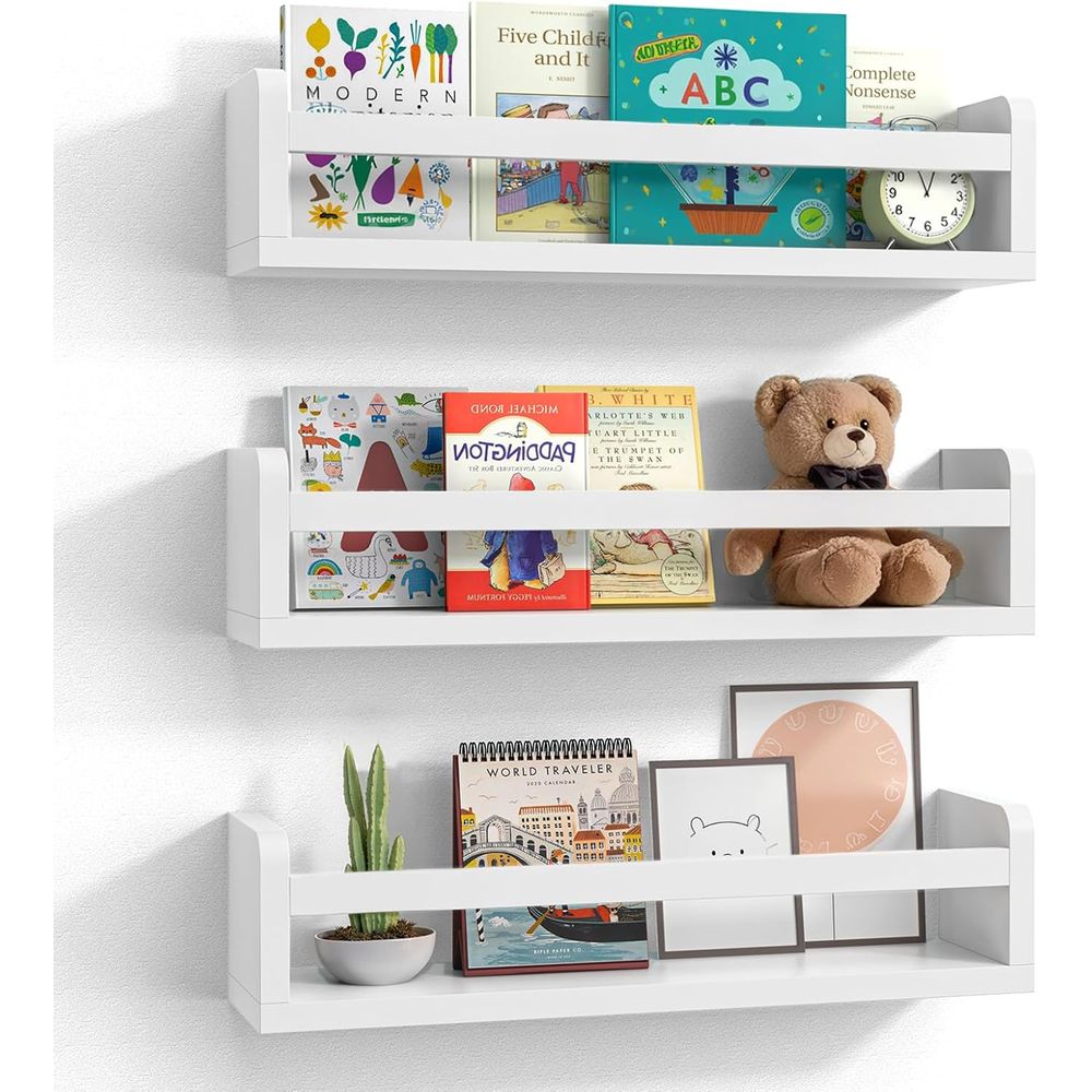 Baby Nursery Bookshelf - ชุดชั้นวางหนังสือเด็กและทารกสีขาวทำจากไม้ ขนาด 16.5 นิ้ว สำหรับห้องเด็กอ่อนและห้องนอน