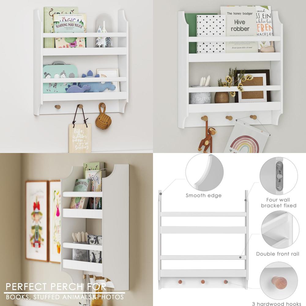 Baby Nursery Bookshelf - ชั้นวางหนังสือสำหรับเด็กแบบลอยตัวพร้อมตะขอแขวน ชั้นวางหนังสือแบบแขวน 2 ชั้น หรือของตกแต่งและที่เก็บของติดผนัง ชั้นวางหนังสือเด็กแบบติดผนัง