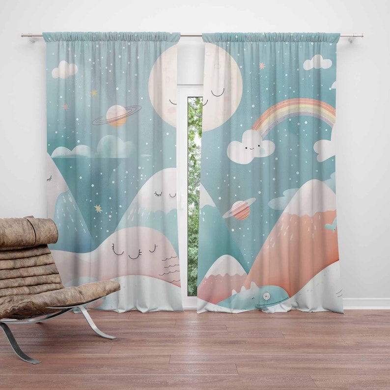 Baby Nursery Blackout Curtains - ม่านกันแสงสำหรับห้องเด็ก ลายภูเขา สายรุ้ง เมฆ ดวงจันทร์ ตกแต่งห้องเด็กอ่อน