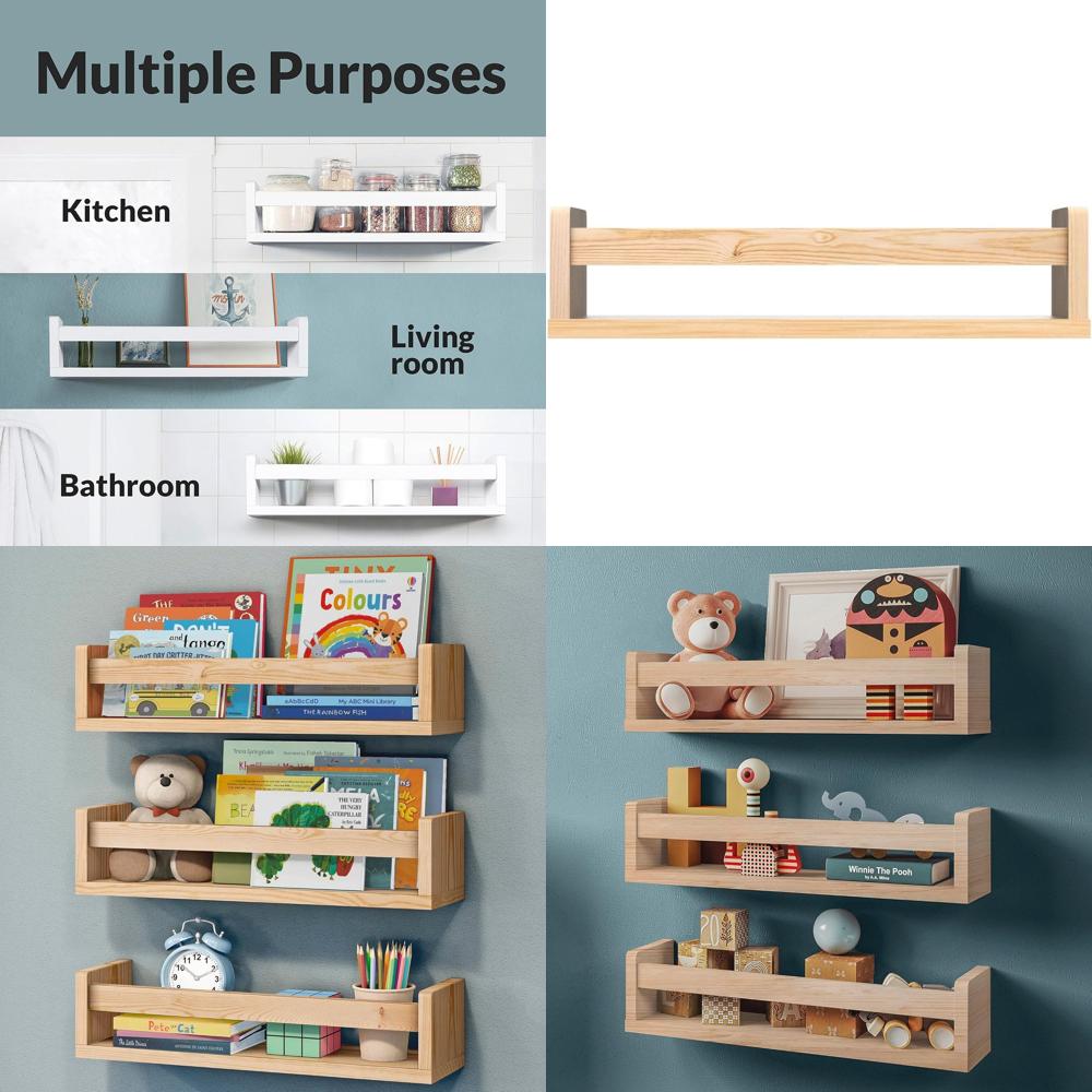 Baby Nursery Bookshelf - ชั้นวางหนังสือสำหรับห้องเด็ก, ชุดชั้นวางหนังสือแบบลอยตัว 3 ชิ้น หรือแบบติดผนัง หรือของตกแต่งห้องเด็กและห้องเล่น,