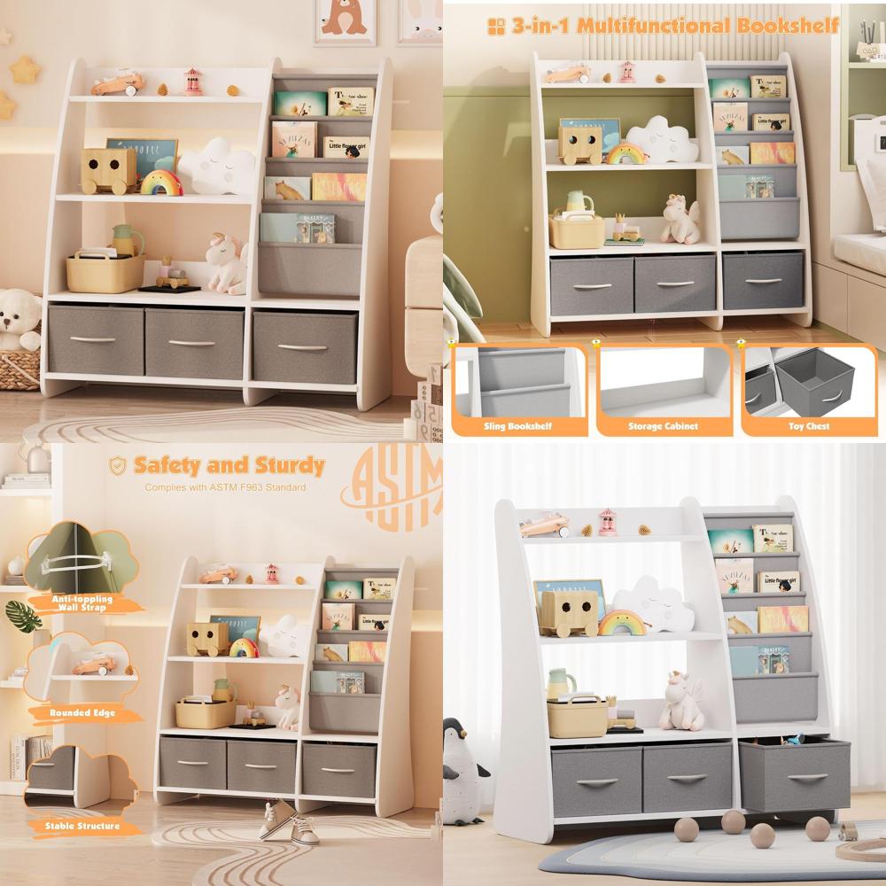 Baby Nursery Bookshelf - ชั้นวางหนังสือและที่เก็บของเล่นสำหรับเด็ก ES, ชั้นวางหนังสือ Montori สำหรับห้องเด็กพร้อมชั้นวางแบบสลิงและถังเก็บของเล่นผ้า, ตู้หนังสือสำหรับเด็กเล็ก