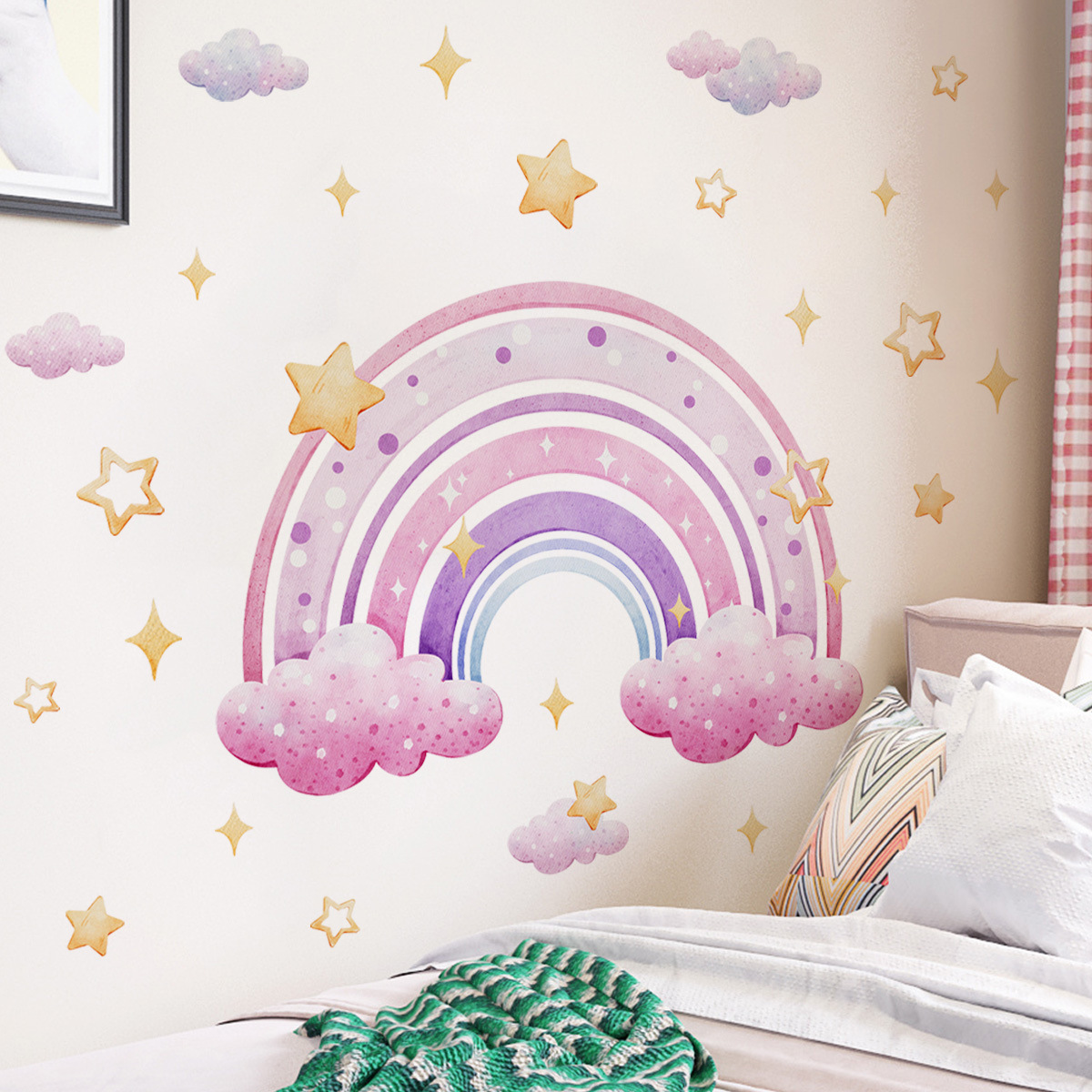 Baby Nursery Decals - สติกเกอร์ติดผนังรูปดาวสีรุ้งหลากสีสำหรับเด็กติดผนังพื้นหลังห้องเด็กตกแต่งห้องนอนบ้านลอกออกได้รูปลอกการ์ตูน