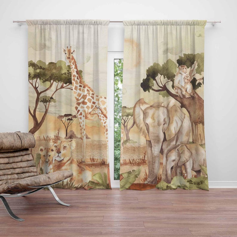 Baby Nursery Blackout Curtains - ม่านลายสัตว์ซาฟารีสำหรับตกแต่งห้องเด็กอ่อน ห้องนอนเด็ก ห้องเล่น ม่านกันแสงสำหรับห้องเด็กอ่อน ม่านห้องนั่งเล่น