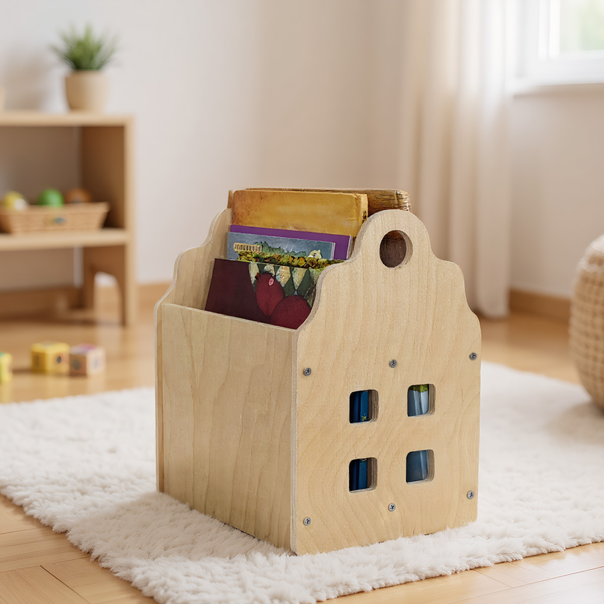 Baby Nursery Bookshelf - ชั้นวางหนังสือเด็กเล็กสองด้าน 2 ชั้น ทำจากไม้ แบบมอนเตสซอรี่ สำหรับห้องเด็กอ่อน