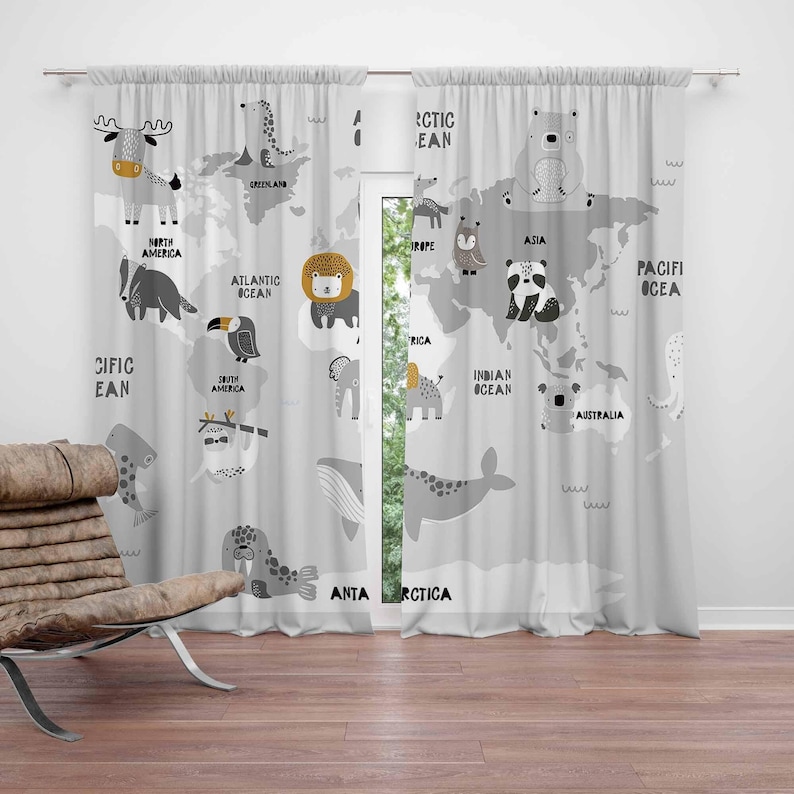 Baby Nursery Blackout Curtains - ผ้าม่านลายแผนที่โลก ลายสัตว์ซาฟารี สำหรับห้องนอนเด็ก ผ้าม่านกันแสง ตกแต่งห้องเด็กอ่อน ผ้าม่านห้องนั่งเล่น