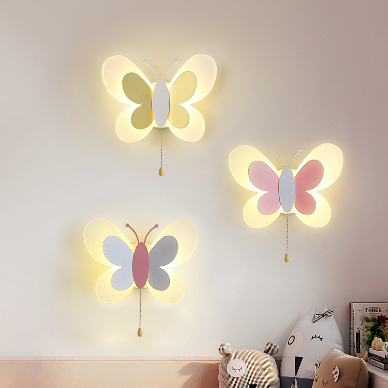 Baby Nursery Knobs - การ์ตูนน่ารักผีเสื้อสีฟ้าสีชมพูโคมไฟ Creative Wall Mount LED Light