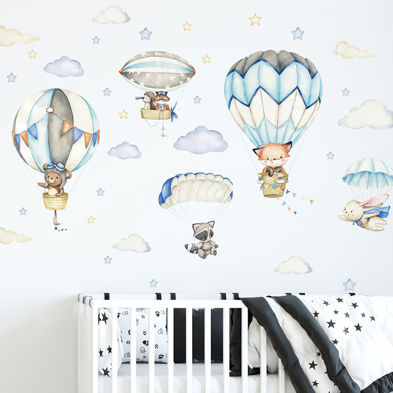Baby Nursery Decals - การ์ตูนสัตว์น่ารัก Hot Air บอลลูนสติ๊กเกอร์ติดผนังสําหรับห้องเด็ก Baby Nursery