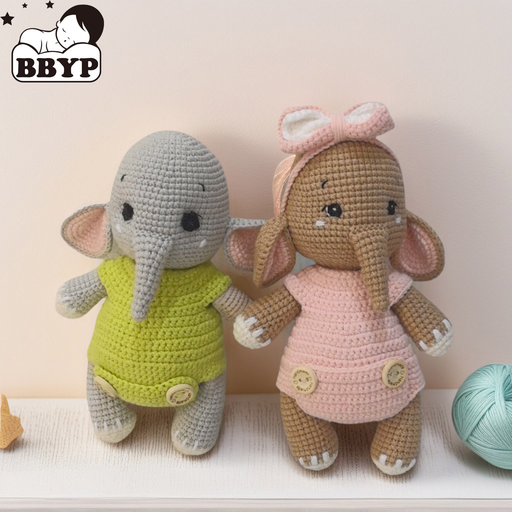 Baby Nursery Games - ของเล่นตุ๊กตาคู่ช้างโครเชต์แฮนด์เมด - ตุ๊กตาสัตว์นุ่มน่ารัก ของขวัญวันวาเลนไทน์สําหรับคู่รัก คนรัก เนอสเซอรี่เด็ก