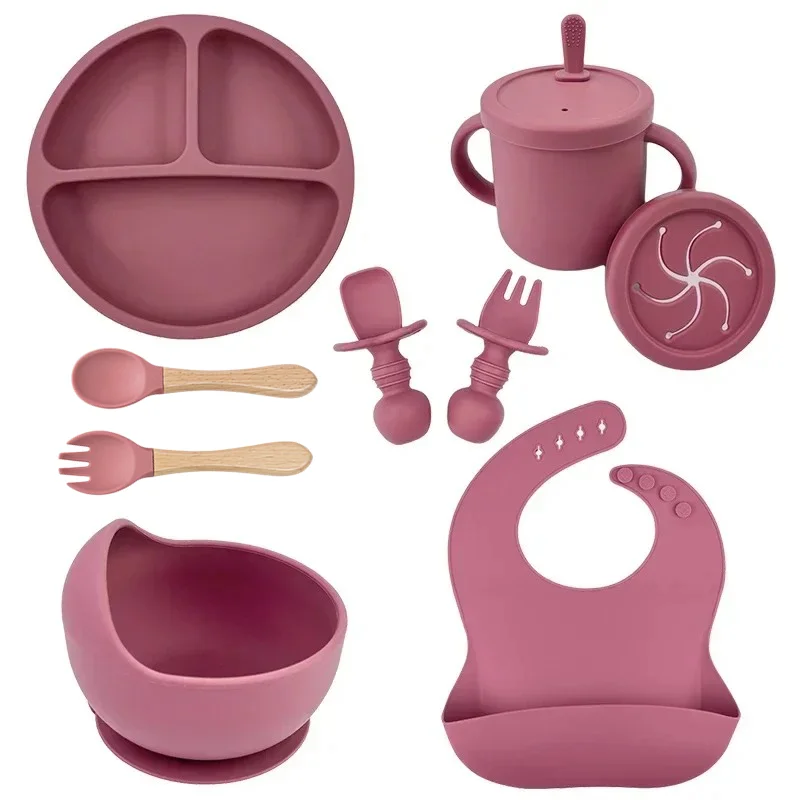 Baby Nursery Accessories - ซิลิโคนเกรดอาหารเด็กชุดจานชามใส่อาหารเด็กจานดูดถ้วยฟางไม้ช้อนส้อมสําหรับชุดอาหารเด็กเด็กวัยหัดเดินจาน