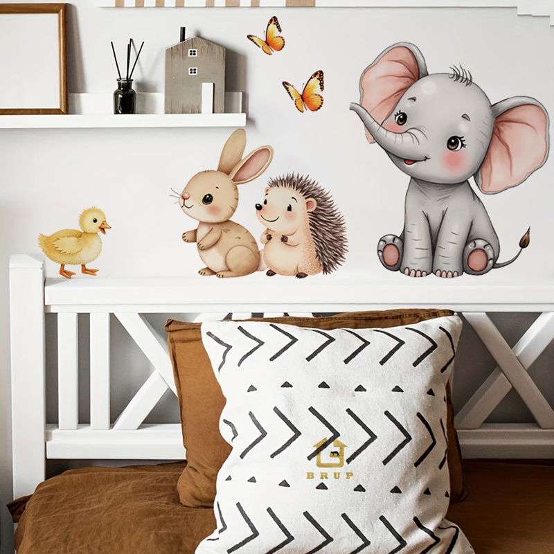 Baby Nursery Decals - การ์ตูนสัตว์สติ๊กเกอร์ติดผนัง-ช้างกระต่ายเม่นเนอสเซอรี่รูปลอกที่ถอดออกได้เด็กตกแต่งห้องเด็กเล่น Wall Art Home