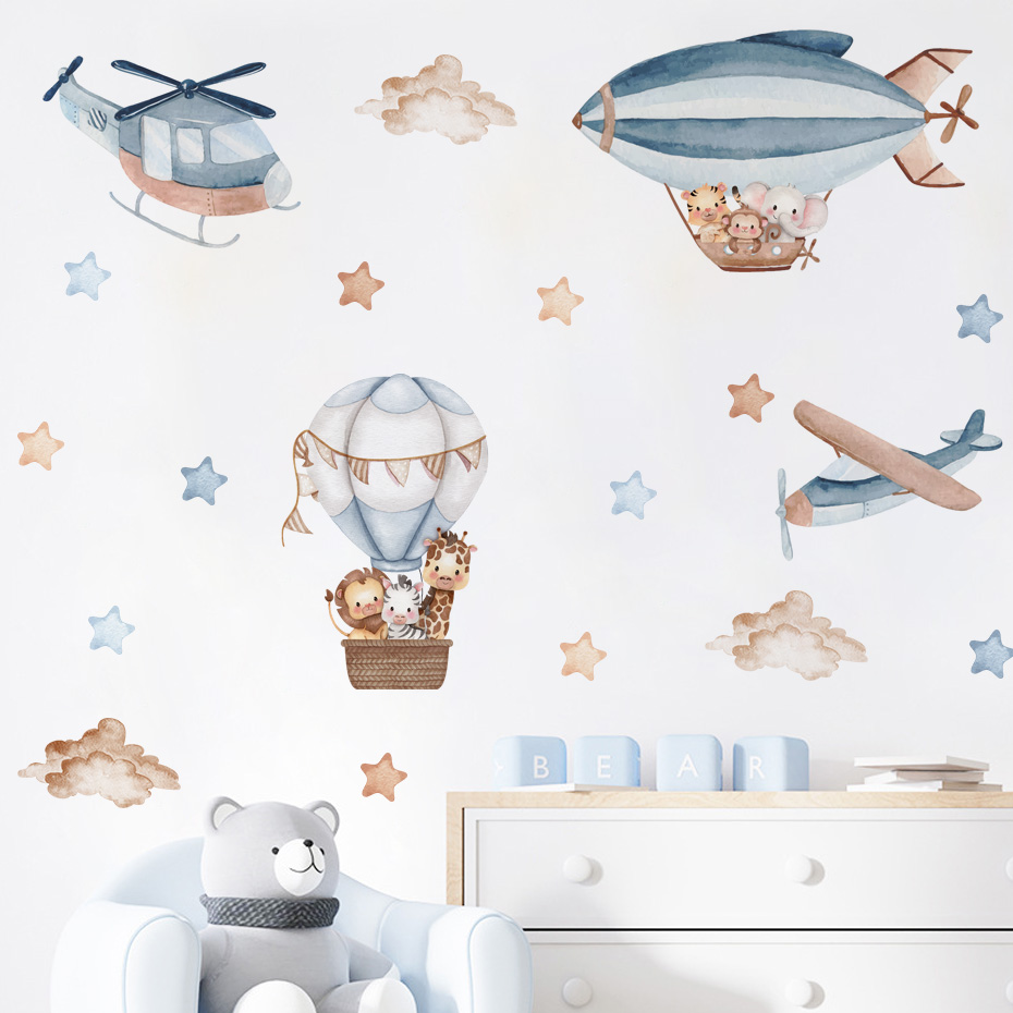 Baby Nursery Decals - สีน้ําสัตว์ Hot Air บอลลูนเมฆสติ๊กเกอร์ติดผนังสําหรับห้องเด็ก Baby Nursery
