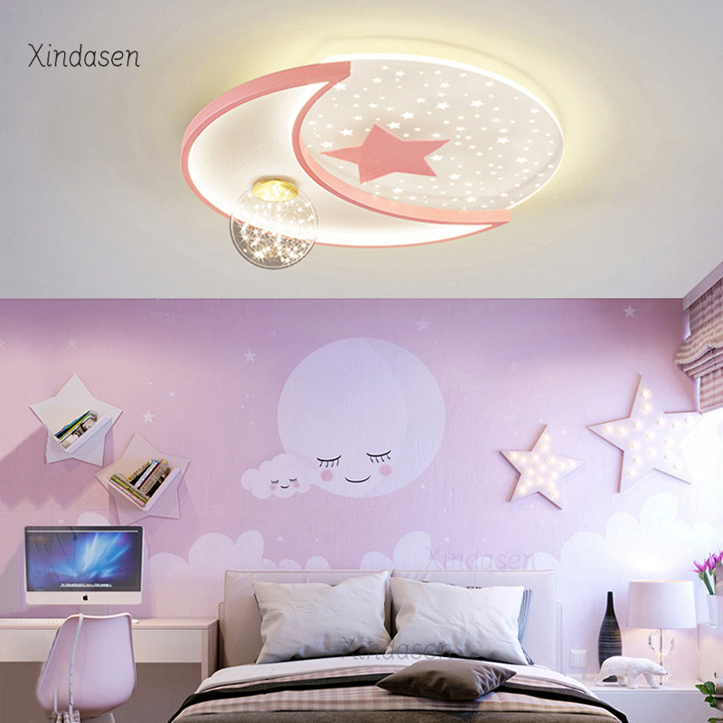 Baby Nursery Ceiling Light - โคมไฟเพดานรูปดาวและพระจันทร์ สำหรับตกแต่งห้องเด็กชายหญิง สีชมพู โคมไฟระย้าสำหรับห้องนอนเด็ก พร้อมไฟ LED