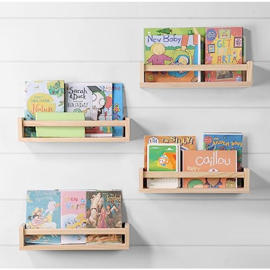 Baby Nursery Bookshelf - ชั้นวางของในห้องเด็กอ่อน ชุด 4 ชิ้น, ชั้นวางหนังสือไม้แบบลอยตัวสำหรับห้อง, ชั้นวางหนังสือสำหรับเด็กในห้องเด็กอ่อน,