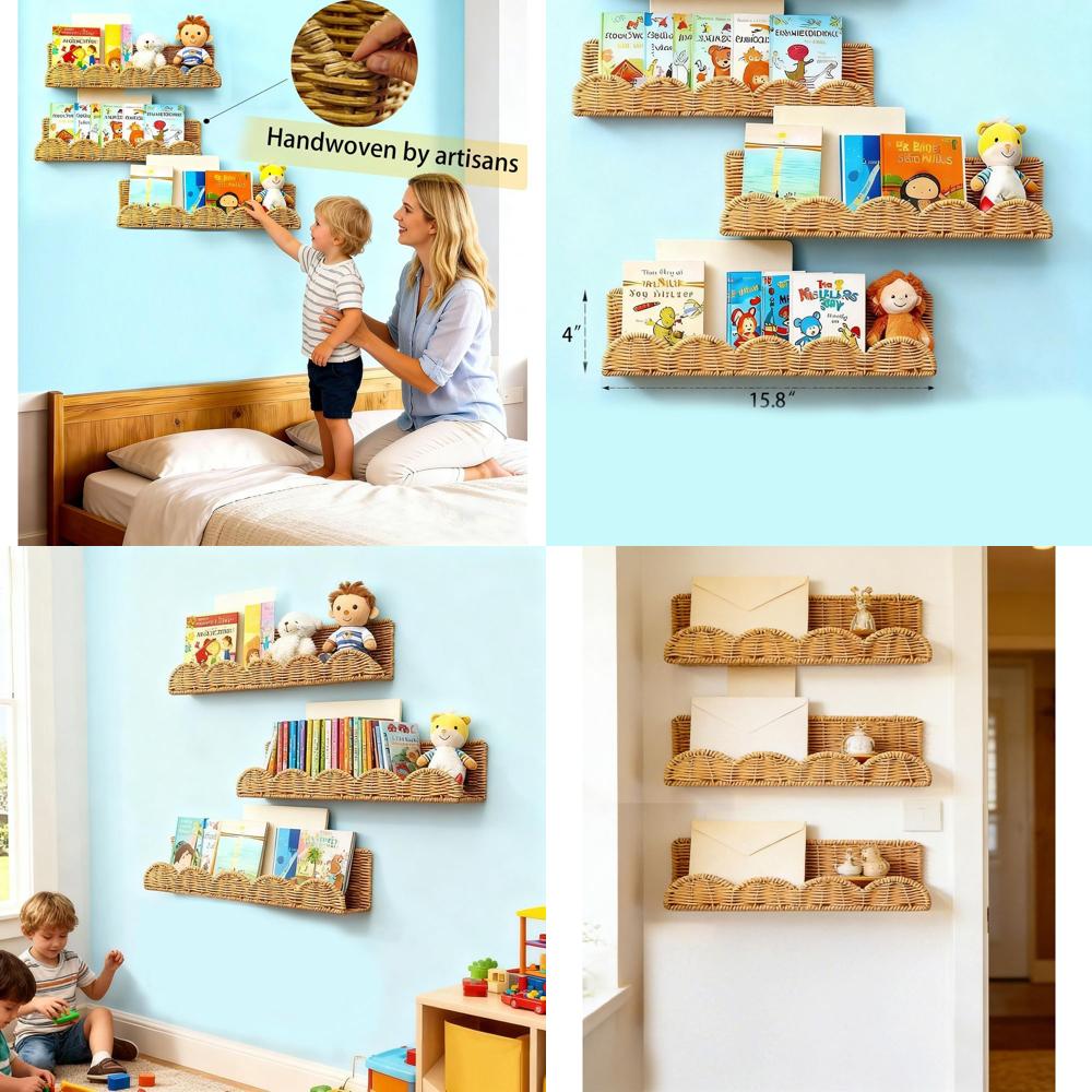 Baby Nursery Bookshelf - ชั้นวางหนังสือสำหรับเด็ก 3 ชุด, ชั้นวางหนังสือหวายธรรมชาติแบบโค้งหรือแบบติดผนัง, ชั้นวางหนังสือแบบโบโฮสำหรับเด็ก, ชั้นวางหนังสือหวายสำหรับเด็ก