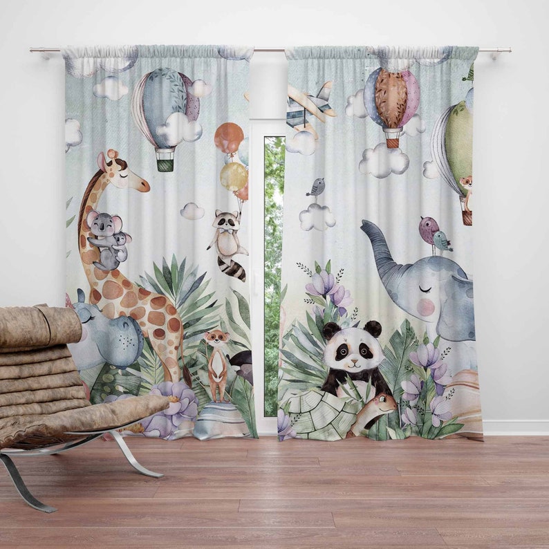 Baby Nursery Blackout Curtains - ผ้าม่านลายสัตว์ซาฟารีสำหรับห้องเด็ก ผ้าม่านกันแสงสำหรับตกแต่งห้องเด็ก ผ้าม่านห้องนอนเด็ก ผ้าม่านห้องนั่งเล่น