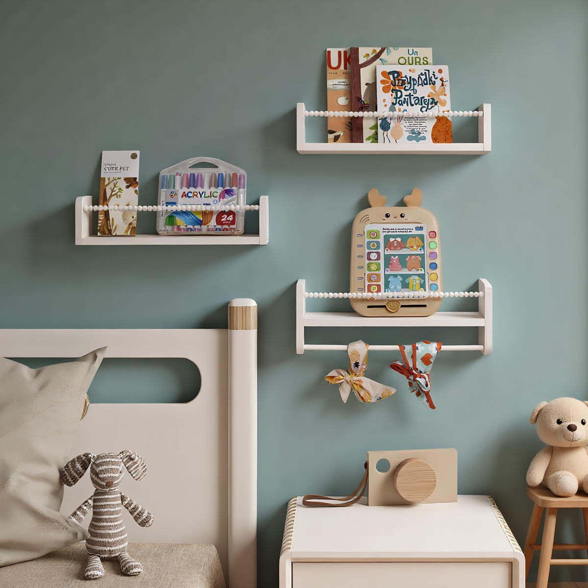 Baby Nursery Bookshelf - ชั้นวางหนังสือแบบแขวนผนังสำหรับเด็ก, ชั้นวางหนังสือไม้ธรรมชาติติดผนังสำหรับห้องเด็กและห้องนอน, ชั้นวางหนังสือไม้ขนาดเล็กสำหรับเด็ก