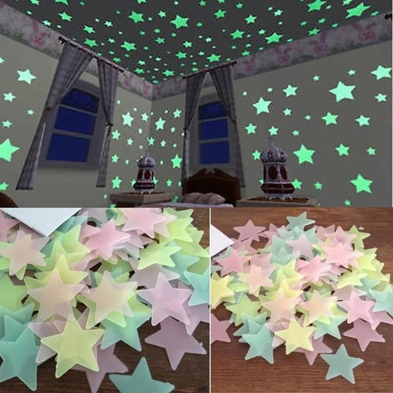 Baby Nursery Decals - 100 ชิ้นเรืองแสงในที่มืดสติ๊กเกอร์ติดผนังรูปดาวสำหรับห้องเด็กตกแต่งห้องนั่งเล่นห้องนอนเด็กเพดานตกแต่งบ้าน