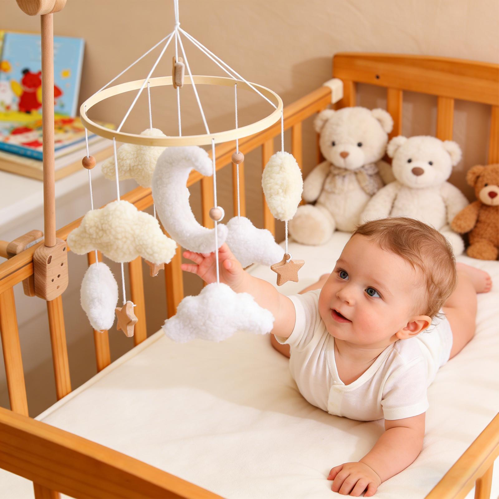 Baby Nursery Games - โมบายไม้สำหรับเตียงเด็ก ของเล่นเขย่ามือรูปเมฆการ์ตูนน่ารัก พร้อมขายึด โมบายแขวนเตียงเด็กแรกเกิด ของตกแต่งห้องเด็ก