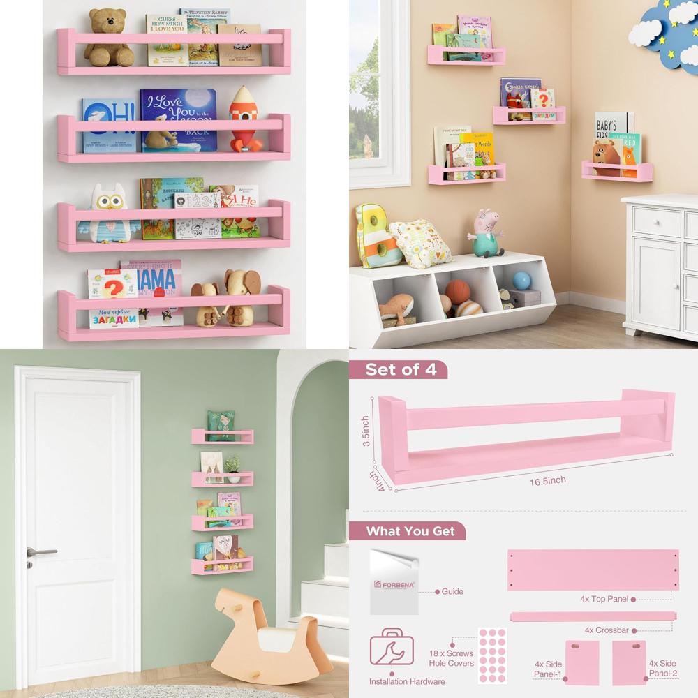Baby Nursery Bookshelf - ชั้นวางของติดผนังสีชมพูสำหรับห้องเด็กเล็ก หรือชั้นวางหนังสือติดผนังสำหรับเด็กเล็ก หรือห้องเด็กผู้หญิงวัยเตาะแตะ ชั้นวางหนังสือไม้แขวนผนังสำหรับห้องเด็ก