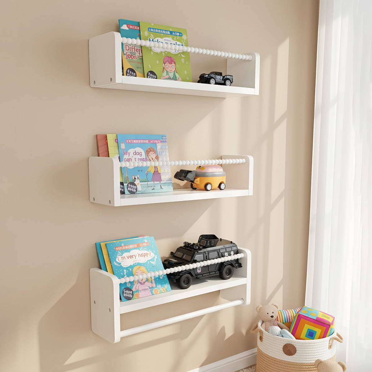 Baby Nursery Bookshelf - ชั้นวางหนังสือไม้สำหรับห้องเด็ก, ชั้นวางหนังสือติดผนังขนาด 15.7 นิ้ว ชุด 3